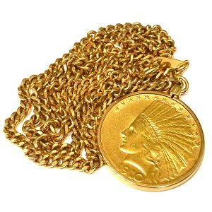 定番K18 K21.6 ダイヤ付 コイン ネックレス ゴールド 60cm 55.2g リバティ インディアン アンティーク 5ドル金貨 1914 ゴールド
