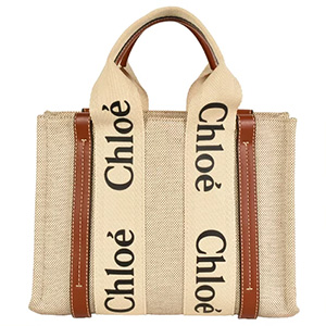 クロエ(Chloe)　ウッディ　スモールトートバッグ　コットン×レザー　CHC21US385E6690U　ブラウン×ホワイト　ＡBランク　クロエ買取相場